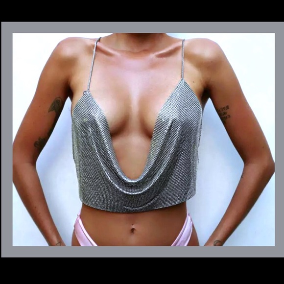 Silver Metal Rhinestone Backless Crop Top Rave NWT - Picture 6 of 9